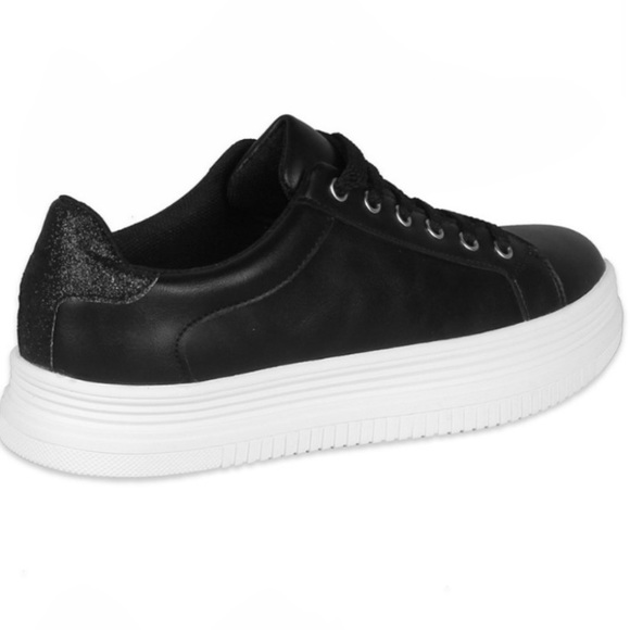 Black Vegan Leather White Platform Lace Up Sneakers with Black Glitter - Picture 5 of 9